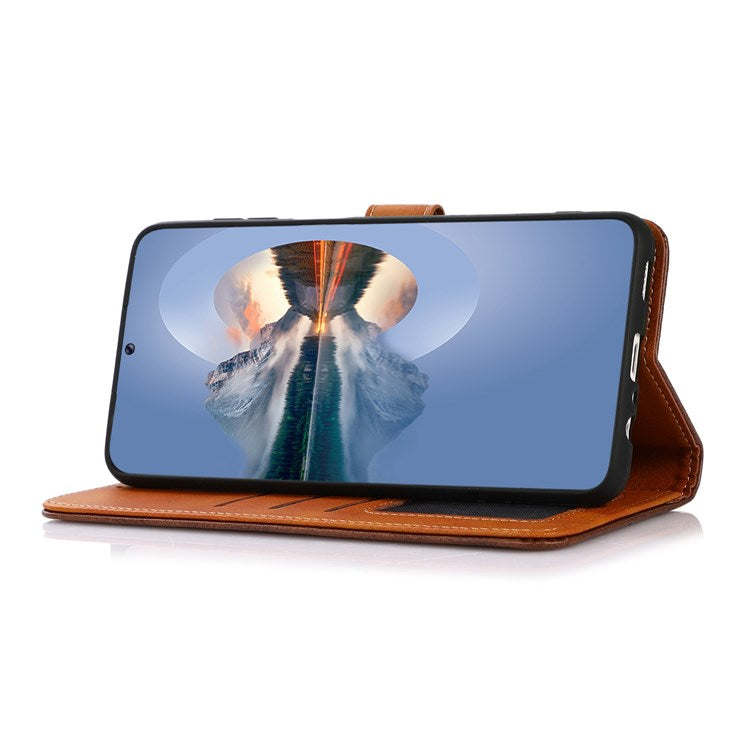 KHAZNEH for Oppo A57 (2022) 5G / A77 5G / OnePlus Nord N300 5G Golden Magnetic Buckle Hands-free Stand Cover, Dual Color Leather Flip Wallet Phone Case - Rose Gold