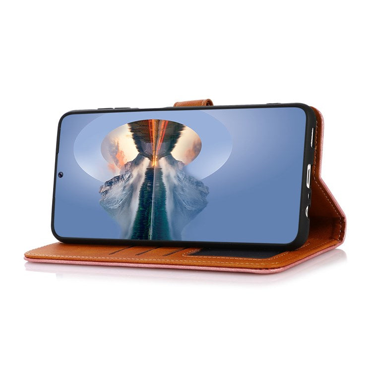 KHAZNEH for Oppo A57 (2022) 5G / A77 5G / OnePlus Nord N300 5G Golden Magnetic Buckle Hands-free Stand Cover, Dual Color Leather Flip Wallet Phone Case - Brown