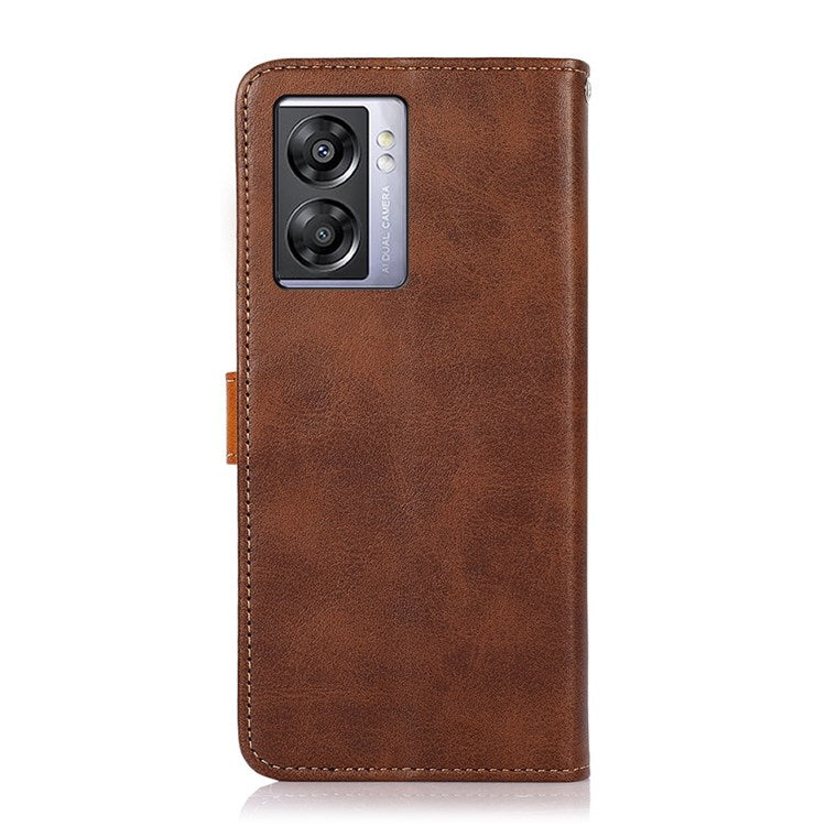 KHAZNEH for Oppo A57 (2022) 5G / A77 5G / OnePlus Nord N300 5G Golden Magnetic Buckle Hands-free Stand Cover, Dual Color Leather Flip Wallet Phone Case - Brown