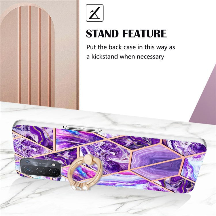 YB IMD Series-7 for Oppo A74 5G/A93 5G/A54 5G/A93s 5G Marble Pattern IMD Well-protected Phone Case Electroplating TPU Cover with Ring Kickstand - Dark Purple