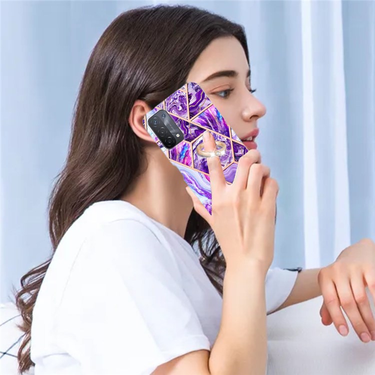 YB IMD Series-7 for Oppo A74 5G/A93 5G/A54 5G/A93s 5G Marble Pattern IMD Well-protected Phone Case Electroplating TPU Cover with Ring Kickstand - Dark Purple