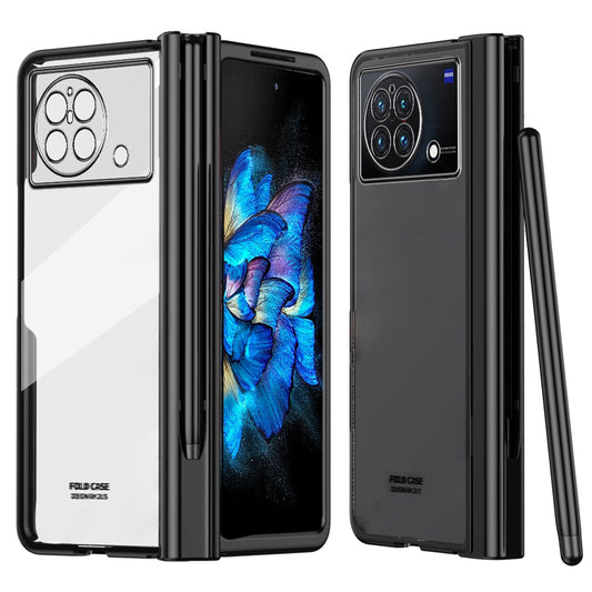 For vivo X Fold Tempered Glass Film Electroplating Phone Case Pen Slot Hinge Folding Hard PC Cover with Stylus Pen - Black