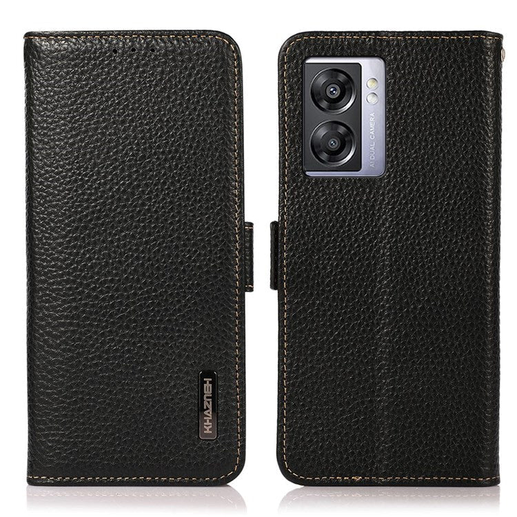 KHAZNEH For Oppo A57 (2022) 5G / A77 5G / OnePlus Nord N300 5G Magnetic RFID Blocking Genuine Leather Case Litchi Texture Shockproof TPU Book Stand Wallet Cover - Black
