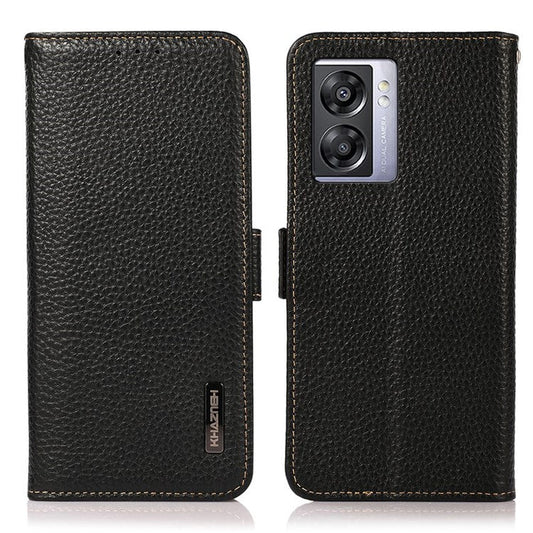 KHAZNEH For Oppo A57 (2022) 5G / A77 5G / OnePlus Nord N300 5G Magnetic RFID Blocking Genuine Leather Case Litchi Texture Shockproof TPU Book Stand Wallet Cover - Black