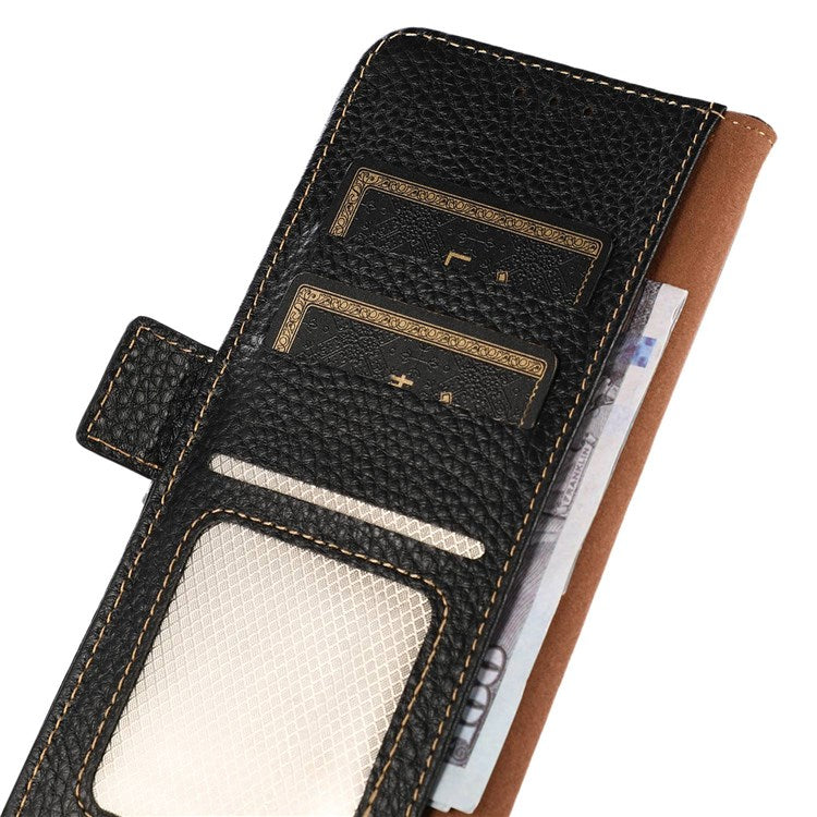 KHAZNEH For Oppo A57 (2022) 5G / A77 5G / OnePlus Nord N300 5G Magnetic RFID Blocking Genuine Leather Case Litchi Texture Shockproof TPU Book Stand Wallet Cover - Black