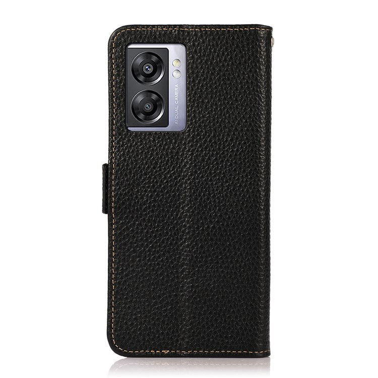 KHAZNEH For Oppo A57 (2022) 5G / A77 5G / OnePlus Nord N300 5G Magnetic RFID Blocking Genuine Leather Case Litchi Texture Shockproof TPU Book Stand Wallet Cover - Black