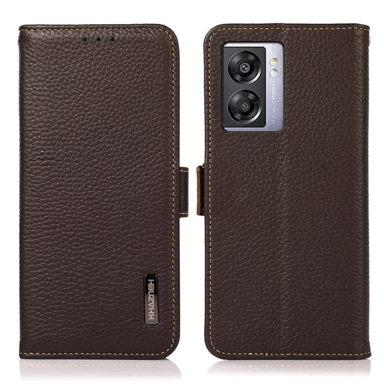 KHAZNEH For Oppo A57 (2022) 5G / A77 5G / OnePlus Nord N300 5G Magnetic RFID Blocking Genuine Leather Case Litchi Texture Shockproof TPU Book Stand Wallet Cover - Brown