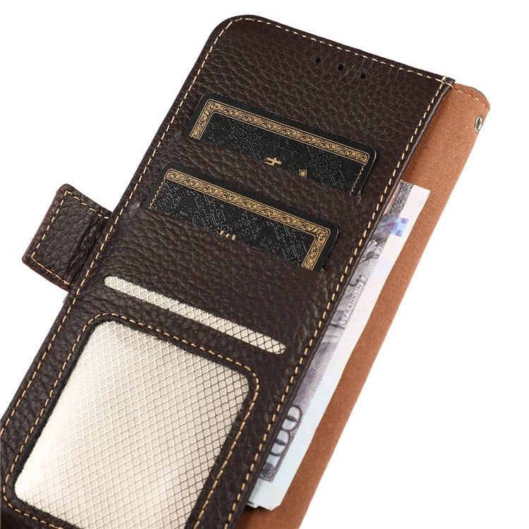 KHAZNEH For Oppo A57 (2022) 5G / A77 5G / OnePlus Nord N300 5G Magnetic RFID Blocking Genuine Leather Case Litchi Texture Shockproof TPU Book Stand Wallet Cover - Brown