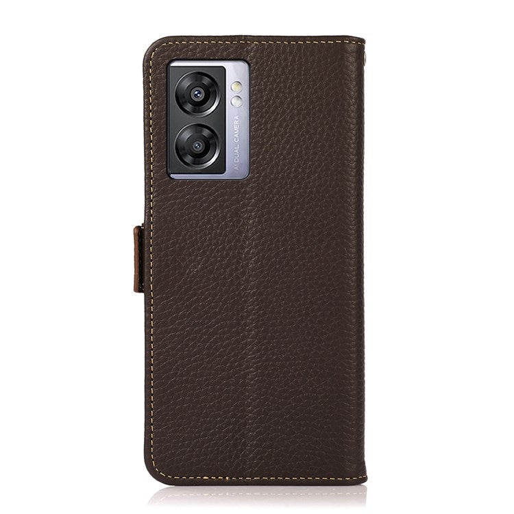 KHAZNEH For Oppo A57 (2022) 5G / A77 5G / OnePlus Nord N300 5G Magnetic RFID Blocking Genuine Leather Case Litchi Texture Shockproof TPU Book Stand Wallet Cover - Brown