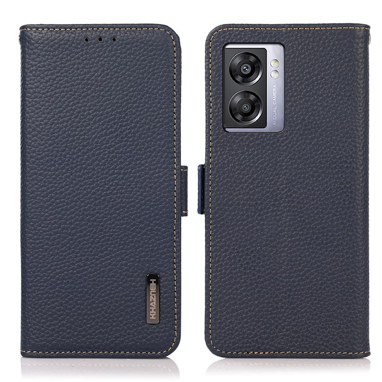 KHAZNEH For Oppo A57 (2022) 5G / A77 5G / OnePlus Nord N300 5G Magnetic RFID Blocking Genuine Leather Case Litchi Texture Shockproof TPU Book Stand Wallet Cover - Blue