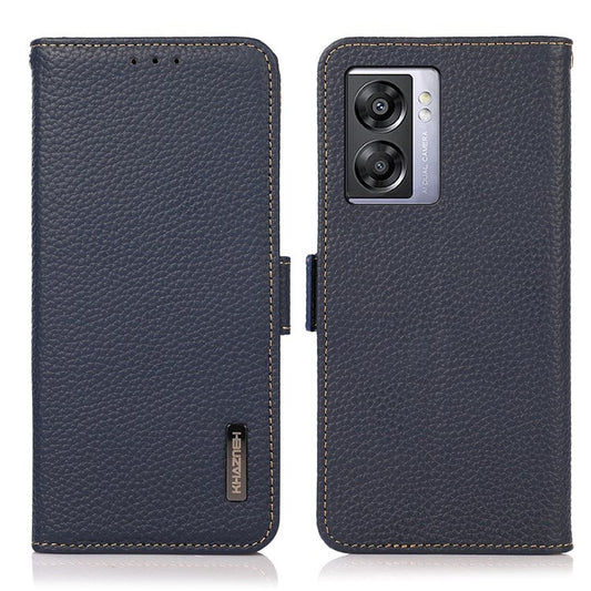 KHAZNEH For Oppo A57 (2022) 5G / A77 5G / OnePlus Nord N300 5G Magnetic RFID Blocking Genuine Leather Case Litchi Texture Shockproof TPU Book Stand Wallet Cover - Blue