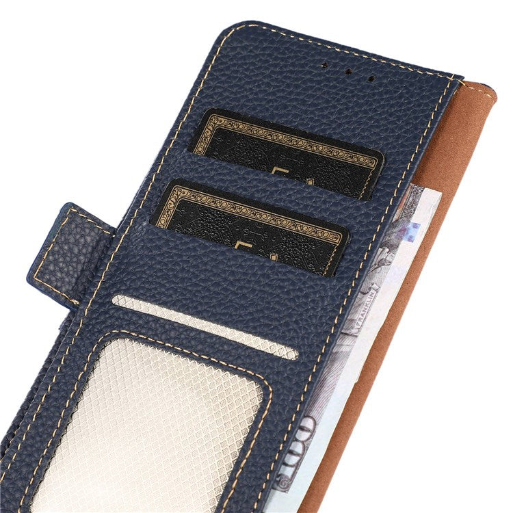 KHAZNEH For Oppo A57 (2022) 5G / A77 5G / OnePlus Nord N300 5G Magnetic RFID Blocking Genuine Leather Case Litchi Texture Shockproof TPU Book Stand Wallet Cover - Blue