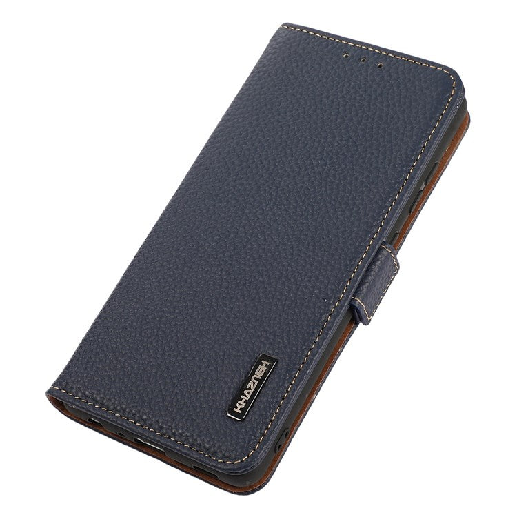 KHAZNEH For Oppo A57 (2022) 5G / A77 5G / OnePlus Nord N300 5G Magnetic RFID Blocking Genuine Leather Case Litchi Texture Shockproof TPU Book Stand Wallet Cover - Blue