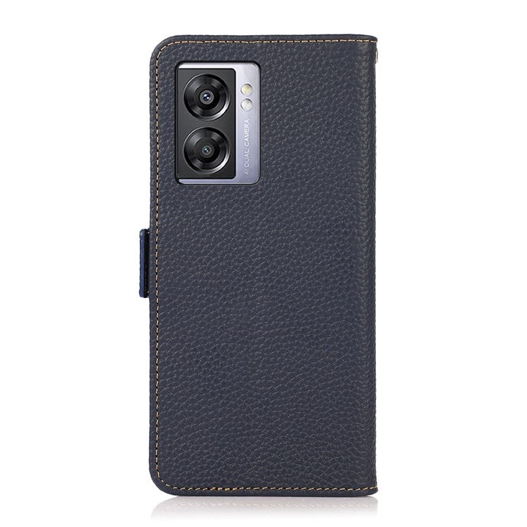 KHAZNEH For Oppo A57 (2022) 5G / A77 5G / OnePlus Nord N300 5G Magnetic RFID Blocking Genuine Leather Case Litchi Texture Shockproof TPU Book Stand Wallet Cover - Blue