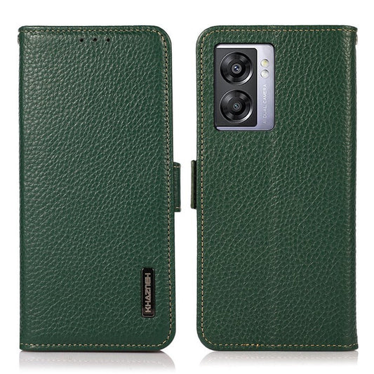 KHAZNEH For Oppo A57 (2022) 5G / A77 5G / OnePlus Nord N300 5G Magnetic RFID Blocking Genuine Leather Case Litchi Texture Shockproof TPU Book Stand Wallet Cover - Green