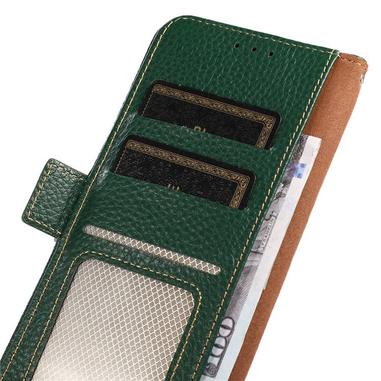 KHAZNEH For Oppo A57 (2022) 5G / A77 5G / OnePlus Nord N300 5G Magnetic RFID Blocking Genuine Leather Case Litchi Texture Shockproof TPU Book Stand Wallet Cover - Green