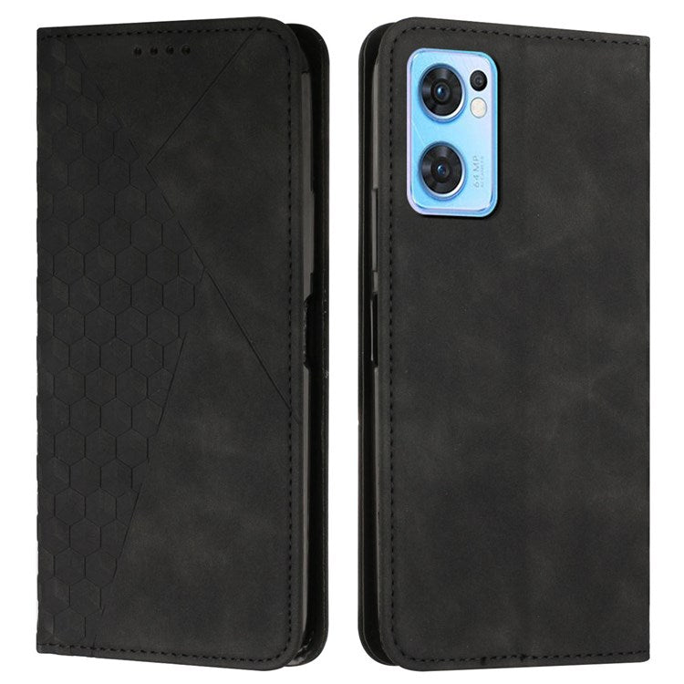 Phone Case for Oppo Reno7 5G (Global)/Find X5 Lite, PU Leather Anti-fall Rhombus Pattern Imprinted Magnetic Auto-absorbed Scratch-resistant Cover with Stand and Wallet - Black