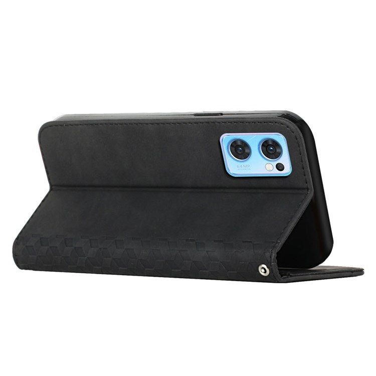 Phone Case for Oppo Reno7 5G (Global)/Find X5 Lite, PU Leather Anti-fall Rhombus Pattern Imprinted Magnetic Auto-absorbed Scratch-resistant Cover with Stand and Wallet - Black