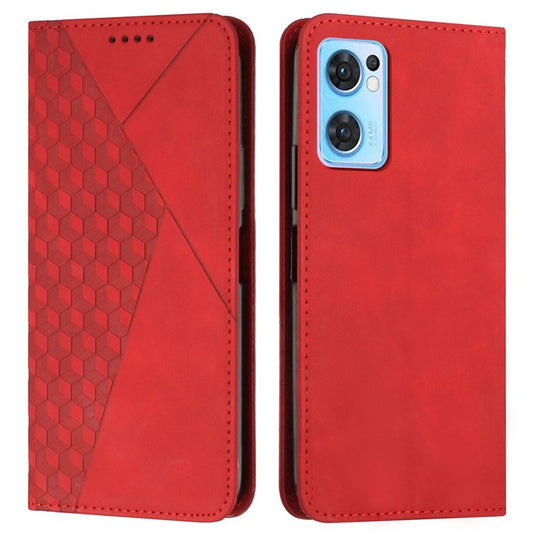 Phone Case for Oppo Reno7 5G (Global)/Find X5 Lite, PU Leather Anti-fall Rhombus Pattern Imprinted Magnetic Auto-absorbed Scratch-resistant Cover with Stand and Wallet - Red