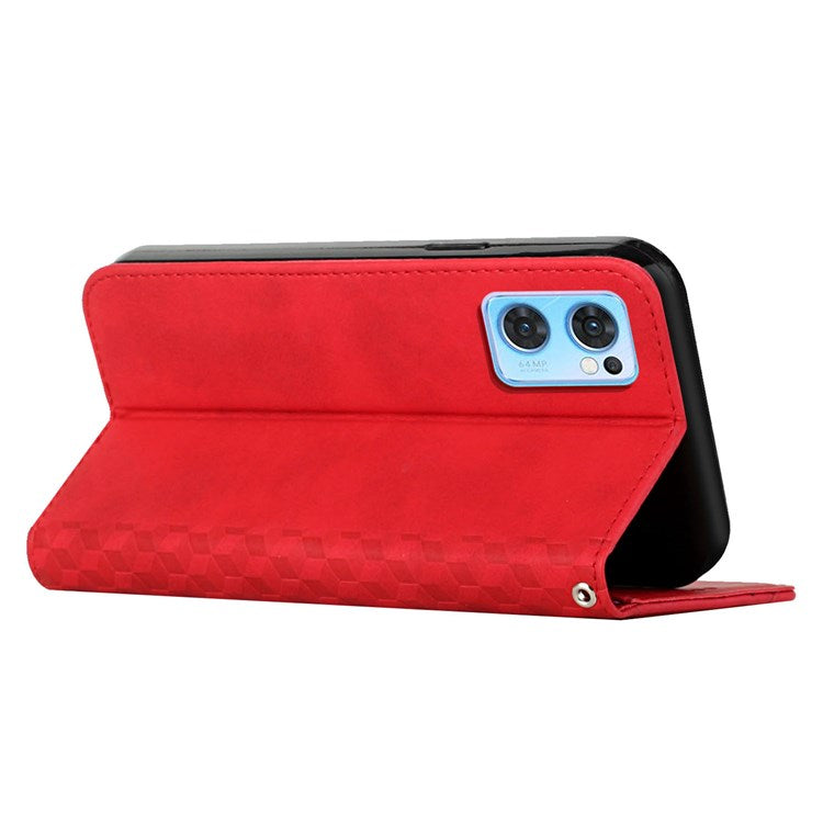 Phone Case for Oppo Reno7 5G (Global)/Find X5 Lite, PU Leather Anti-fall Rhombus Pattern Imprinted Magnetic Auto-absorbed Scratch-resistant Cover with Stand and Wallet - Red
