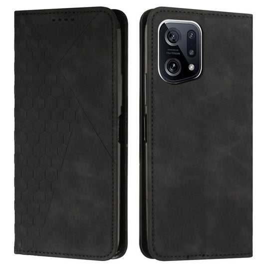 PU Leather + TPU Phone Case for Oppo Find X5, Magnetic Absorption Adjustable Stand Design Rhombus Pattern Imprinted Anti-drop Cover with Wallet - Black