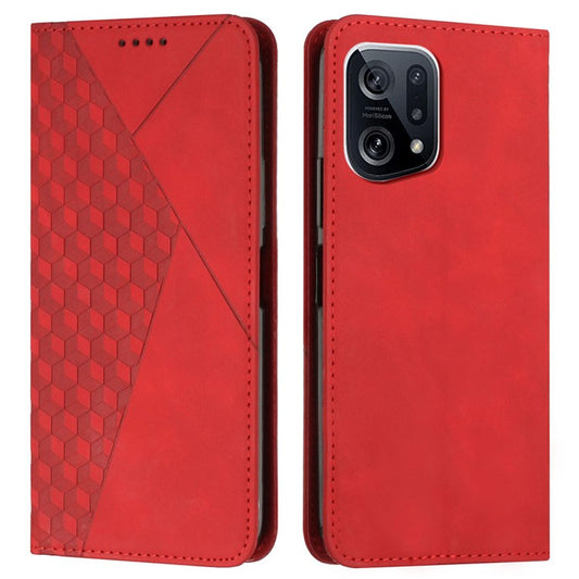 PU Leather + TPU Phone Case for Oppo Find X5, Magnetic Absorption Adjustable Stand Design Rhombus Pattern Imprinted Anti-drop Cover with Wallet - Red