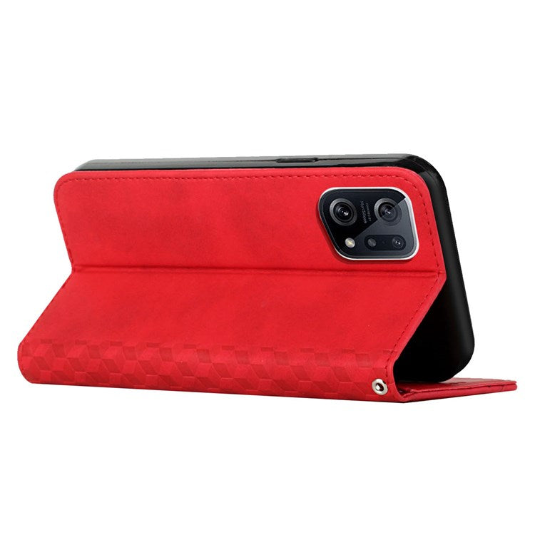 PU Leather + TPU Phone Case for Oppo Find X5, Magnetic Absorption Adjustable Stand Design Rhombus Pattern Imprinted Anti-drop Cover with Wallet - Red