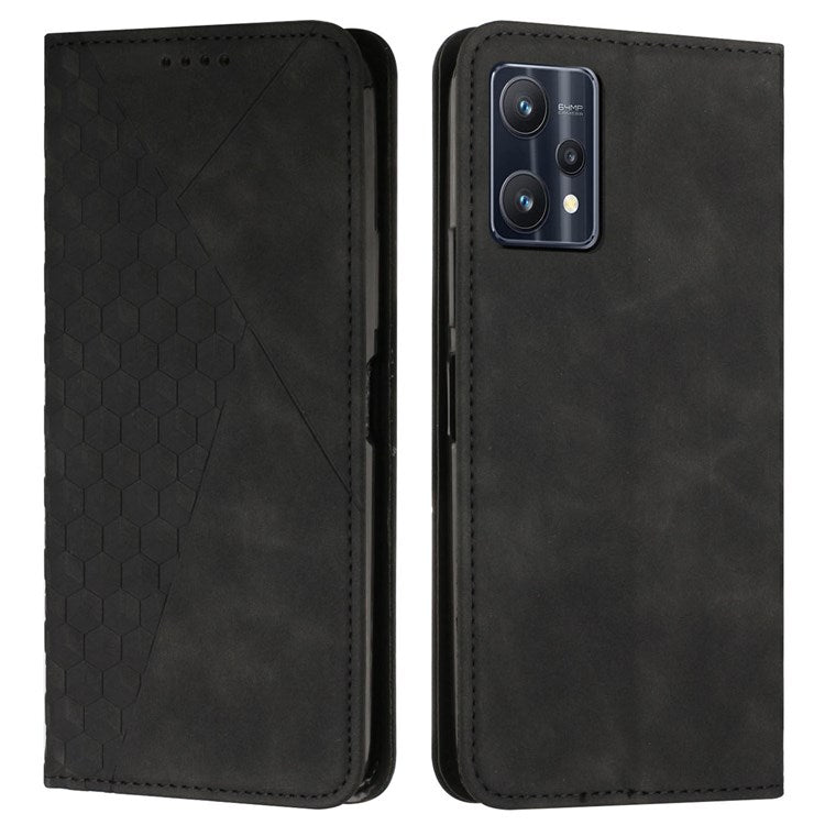 For Realme 9 Pro 5G / 9 5G  / V25 / OnePlus Nord CE 2 Lite 5G Stand Design PU Leather + TPU Double Protection Shell Rhombus Pattern Imprinted Magnetic Absorption Case with Wallet - Black