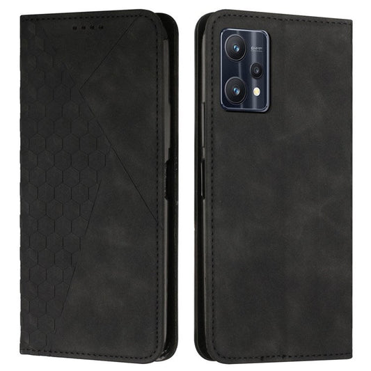 For Realme 9 Pro 5G / 9 5G  / V25 / OnePlus Nord CE 2 Lite 5G Stand Design PU Leather + TPU Double Protection Shell Rhombus Pattern Imprinted Magnetic Absorption Case with Wallet - Black