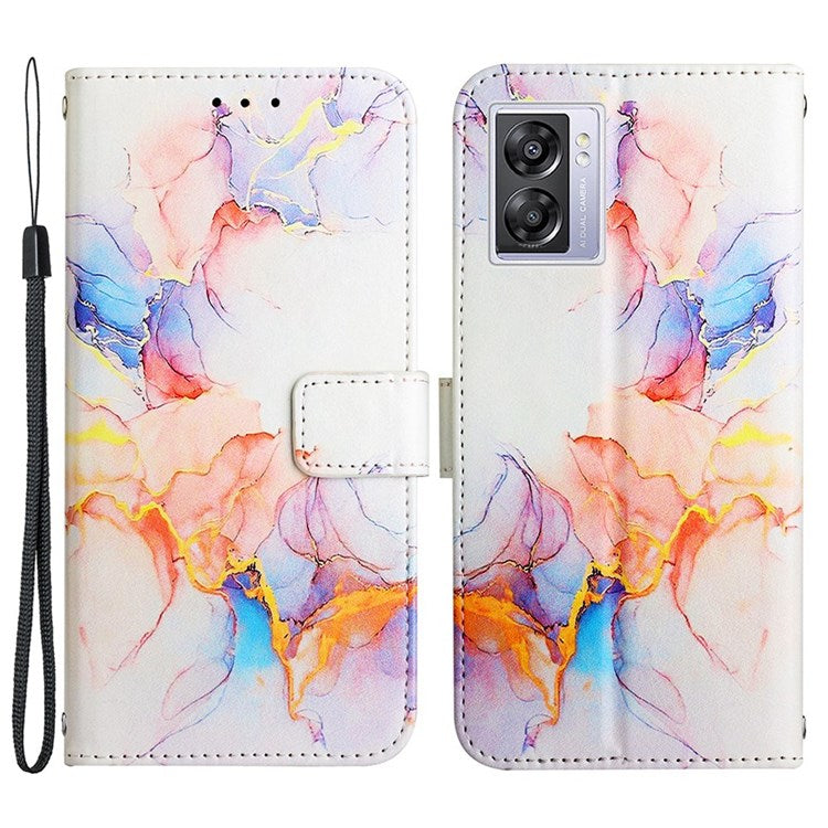 Pattern Printing Leather Series-5 for Oppo A57 (2022) 5G / A77 5G Marble Pattern Phone Guard Case PU Leather Wallet Stand Shell Protective Flip Cover - Milky Way Marble White 004