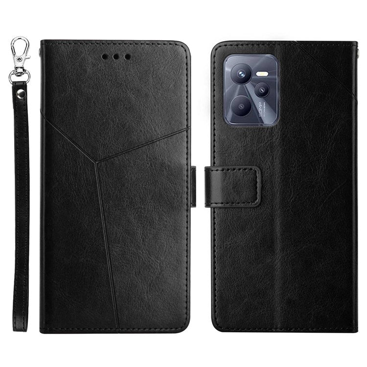 HT01 For Realme C35 Mobile Phone Case PU Leather Y-Shaped Lines Imprinting Wallet Stand Phone Cover - Black
