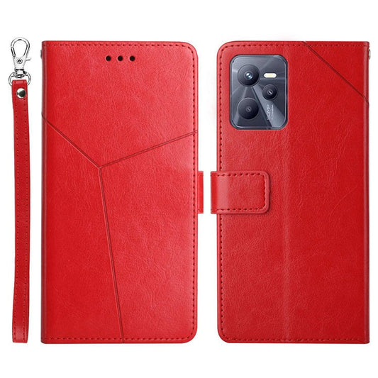 HT01 For Realme C35 Mobile Phone Case PU Leather Y-Shaped Lines Imprinting Wallet Stand Phone Cover - Red