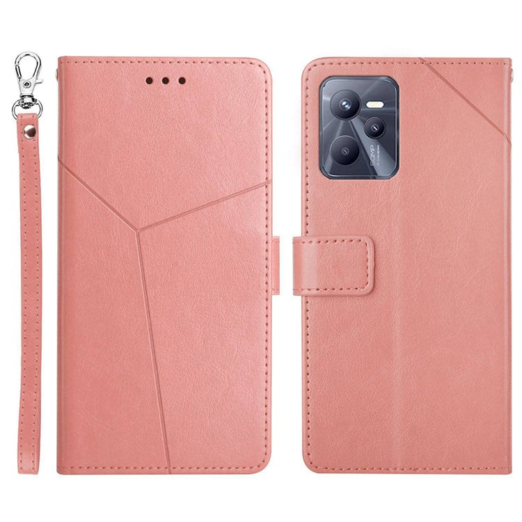 HT01 For Realme C35 Mobile Phone Case PU Leather Y-Shaped Lines Imprinting Wallet Stand Phone Cover - Pink