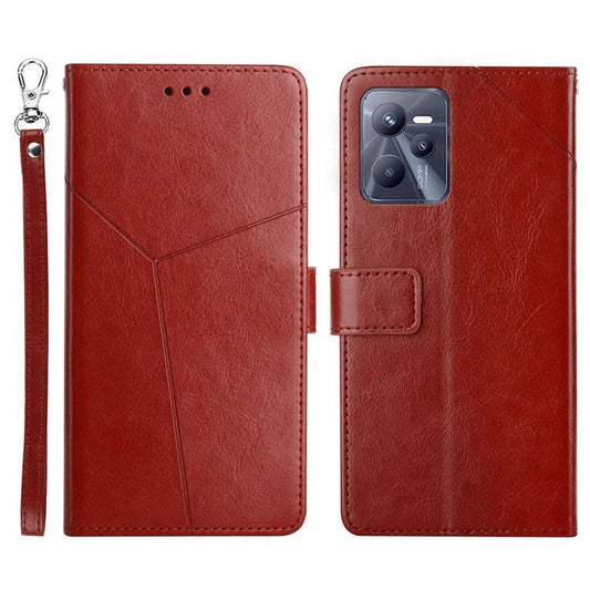 HT01 For Realme C35 Mobile Phone Case PU Leather Y-Shaped Lines Imprinting Wallet Stand Phone Cover - Brown