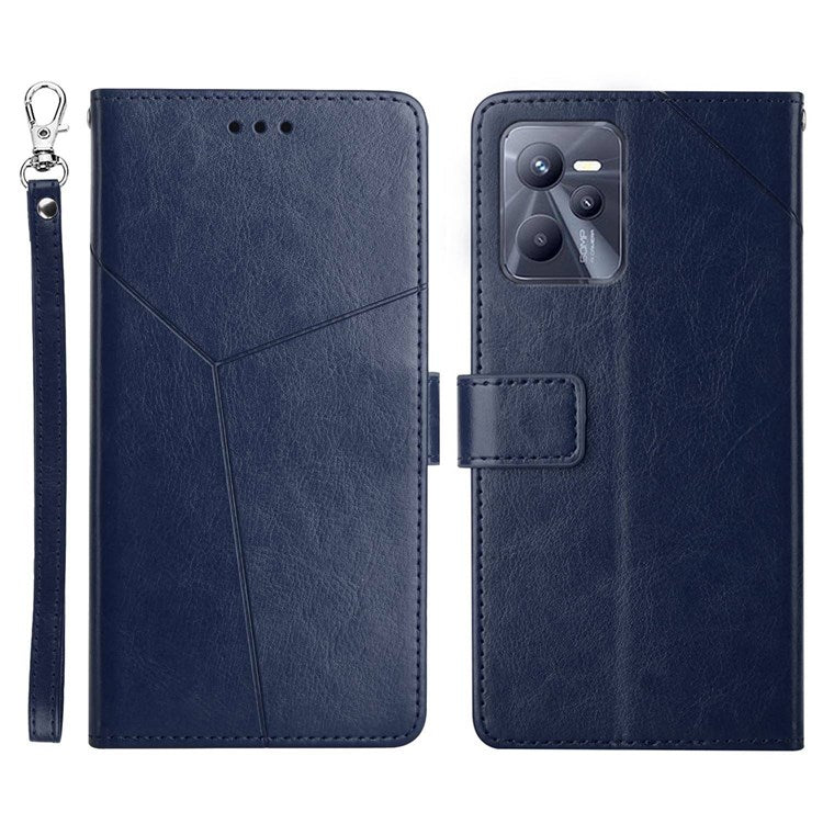 HT01 For Realme C35 Mobile Phone Case PU Leather Y-Shaped Lines Imprinting Wallet Stand Phone Cover - Blue