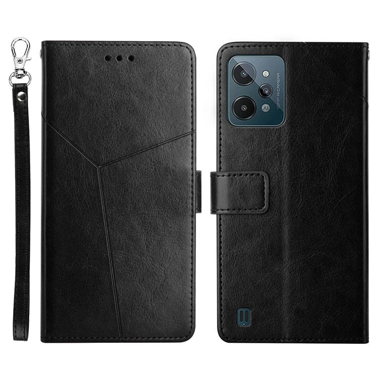 HT01 For Realme C31 PU Leather Mobile Phone Case Bag Y-Shaped Lines Imprinting Wallet Stand Phone Cover - Black