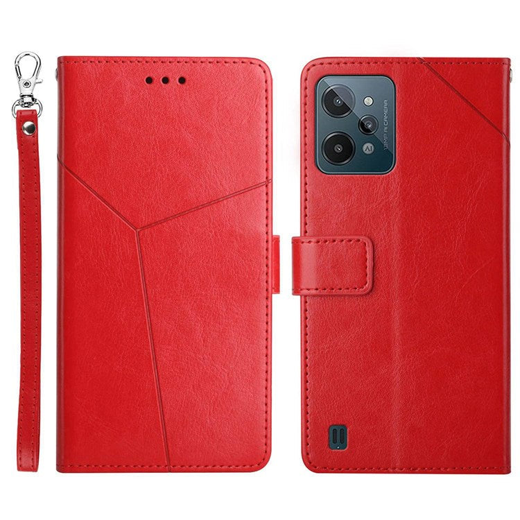 HT01 For Realme C31 PU Leather Mobile Phone Case Bag Y-Shaped Lines Imprinting Wallet Stand Phone Cover - Red