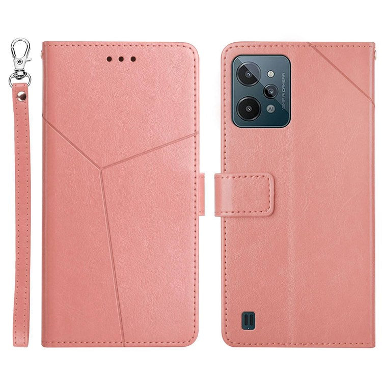 HT01 For Realme C31 PU Leather Mobile Phone Case Bag Y-Shaped Lines Imprinting Wallet Stand Phone Cover - Pink