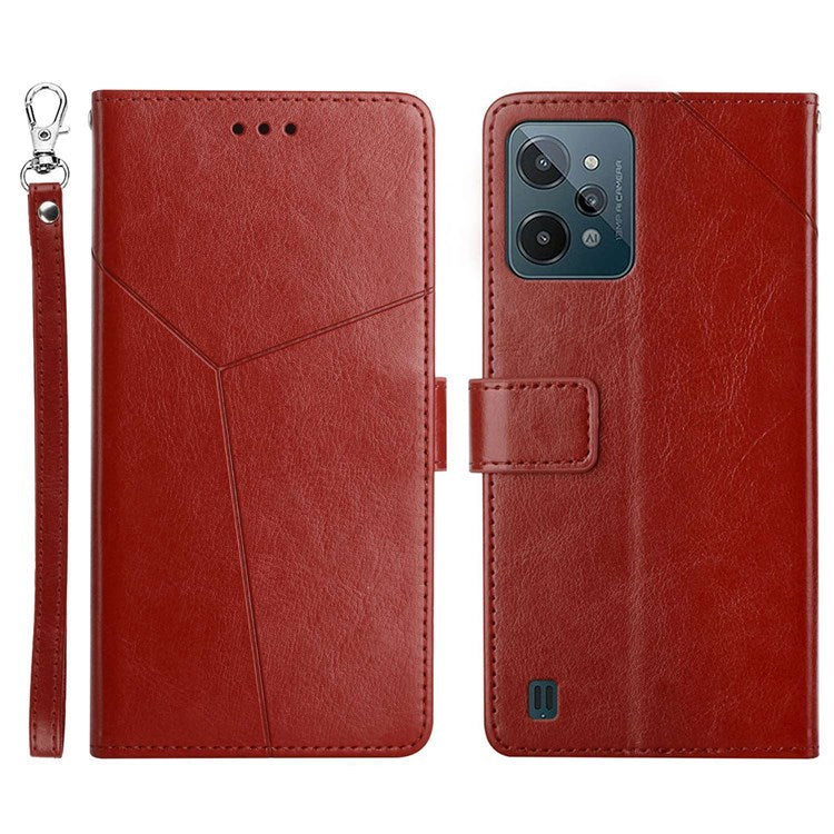 HT01 For Realme C31 PU Leather Mobile Phone Case Bag Y-Shaped Lines Imprinting Wallet Stand Phone Cover - Brown