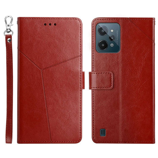 HT01 For Realme C31 PU Leather Mobile Phone Case Bag Y-Shaped Lines Imprinting Wallet Stand Phone Cover - Brown