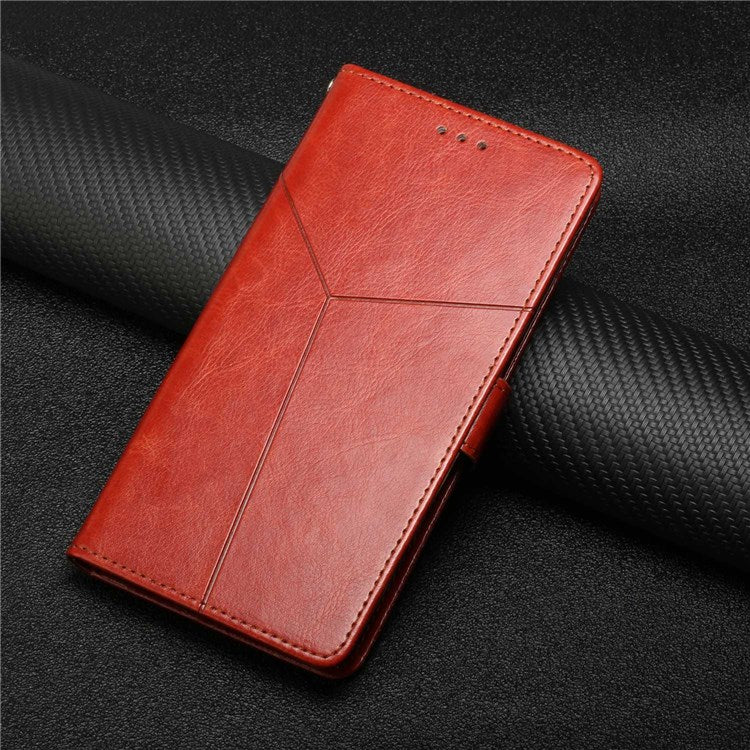 HT01 For Realme C31 PU Leather Mobile Phone Case Bag Y-Shaped Lines Imprinting Wallet Stand Phone Cover - Brown