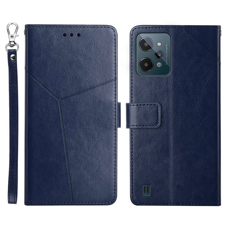 HT01 For Realme C31 PU Leather Mobile Phone Case Bag Y-Shaped Lines Imprinting Wallet Stand Phone Cover - Blue