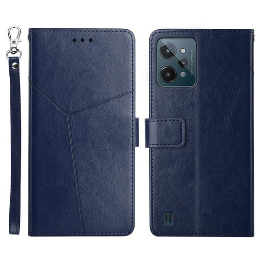 HT01 For Realme C31 PU Leather Mobile Phone Case Bag Y-Shaped Lines Imprinting Wallet Stand Phone Cover - Blue