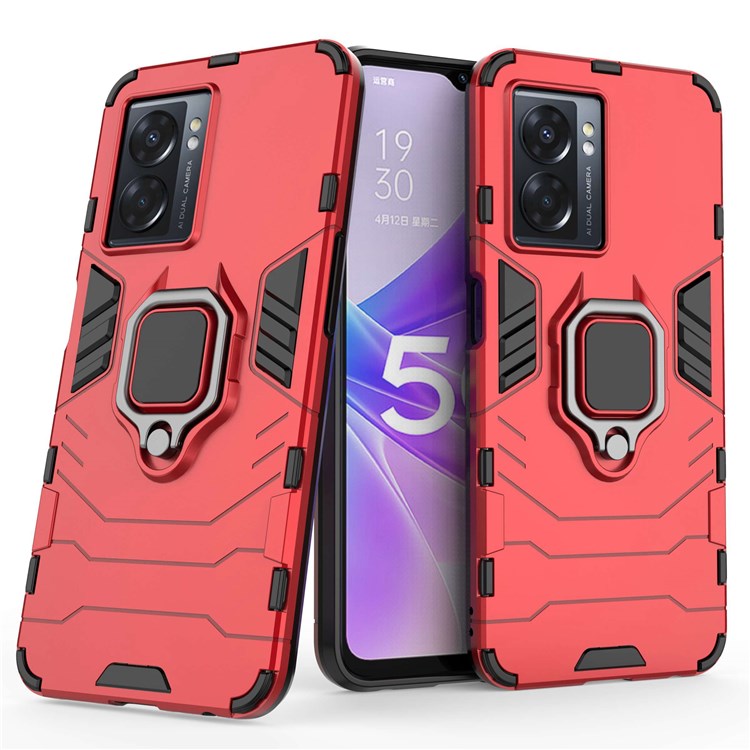 For Oppo A57 (2022) 5G / A77 5G / OnePlus Nord N300 5G Ring Kickstand Rugged Phone Cover Wear-resistant Hard PC Soft TPU Frame Protective Case - Red