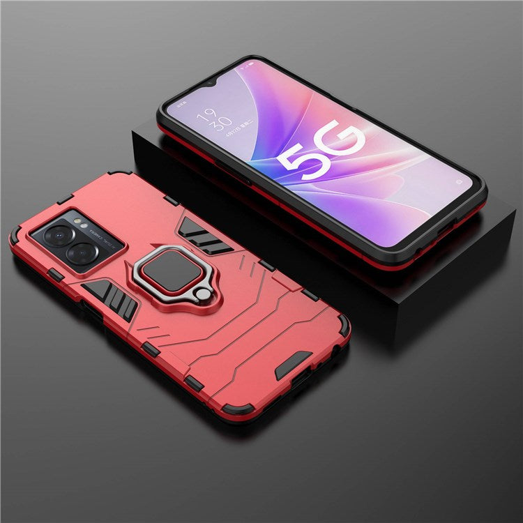 For Oppo A57 (2022) 5G / A77 5G / OnePlus Nord N300 5G Ring Kickstand Rugged Phone Cover Wear-resistant Hard PC Soft TPU Frame Protective Case - Red
