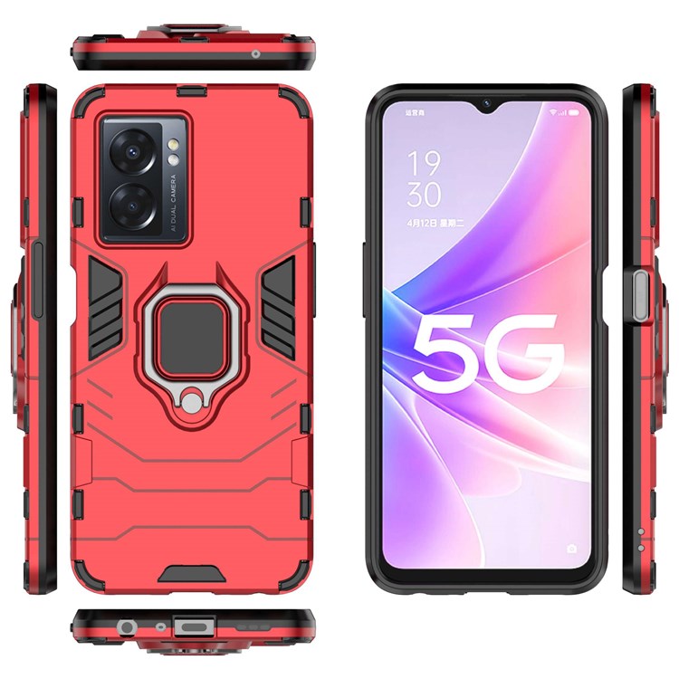 For Oppo A57 (2022) 5G / A77 5G / OnePlus Nord N300 5G Ring Kickstand Rugged Phone Cover Wear-resistant Hard PC Soft TPU Frame Protective Case - Red