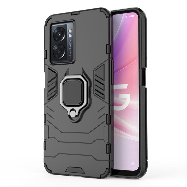 For Oppo A57 (2022) 5G / A77 5G / OnePlus Nord N300 5G Ring Kickstand Rugged Phone Cover Wear-resistant Hard PC Soft TPU Frame Protective Case - Black