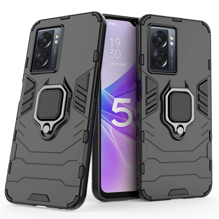 For Oppo A57 (2022) 5G / A77 5G / OnePlus Nord N300 5G Ring Kickstand Rugged Phone Cover Wear-resistant Hard PC Soft TPU Frame Protective Case - Black