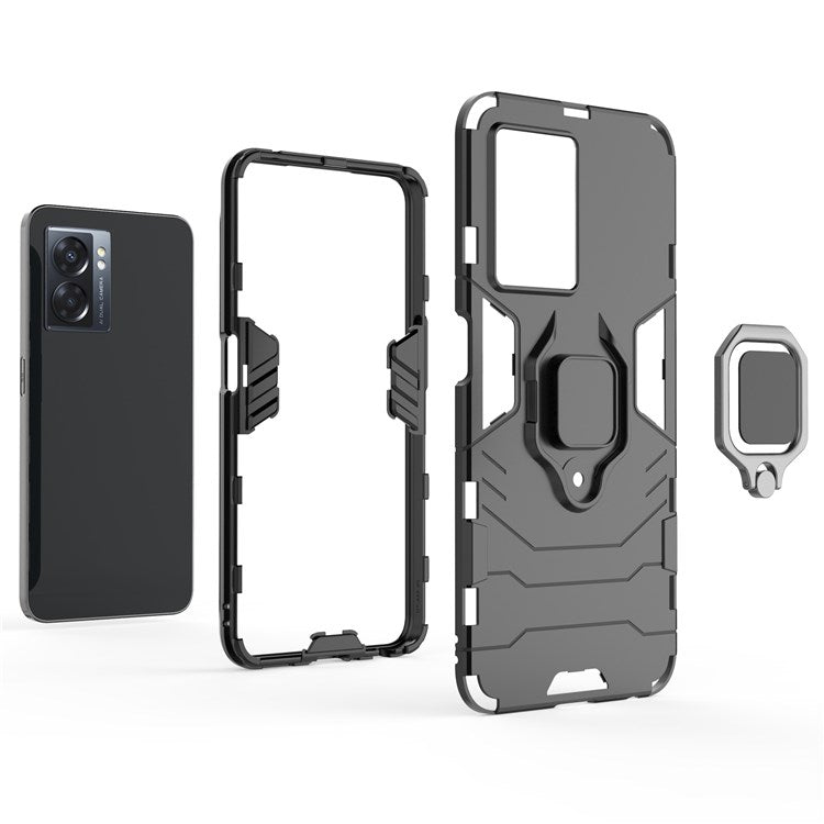 For Oppo A57 (2022) 5G / A77 5G / OnePlus Nord N300 5G Ring Kickstand Rugged Phone Cover Wear-resistant Hard PC Soft TPU Frame Protective Case - Black