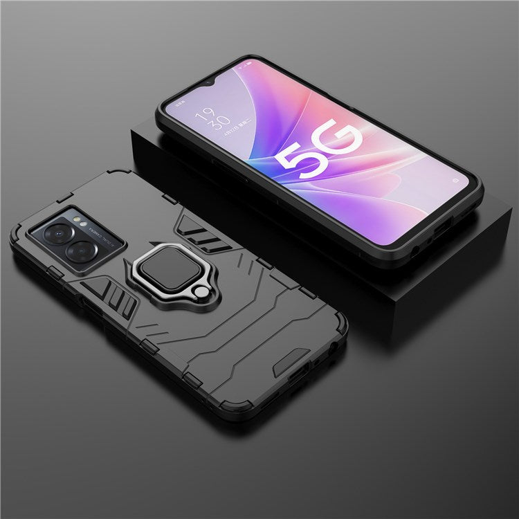 For Oppo A57 (2022) 5G / A77 5G / OnePlus Nord N300 5G Ring Kickstand Rugged Phone Cover Wear-resistant Hard PC Soft TPU Frame Protective Case - Black
